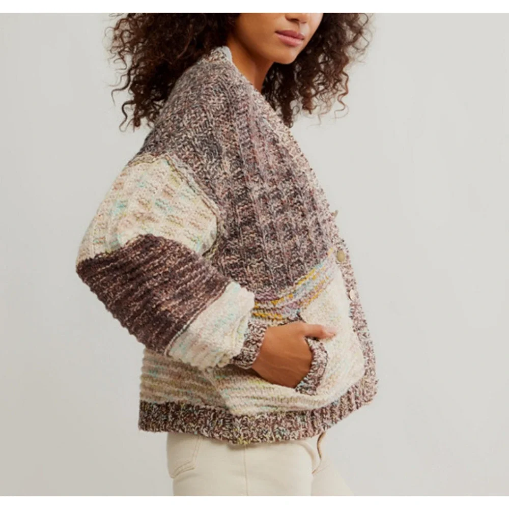 Free People Isabella Cardigan Chunky Knit Slouchy Brown Cream Patchwork L